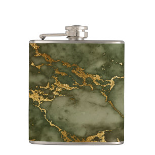 Flasques Elégant Olive Green Gold Faux Foil Marbre Texture