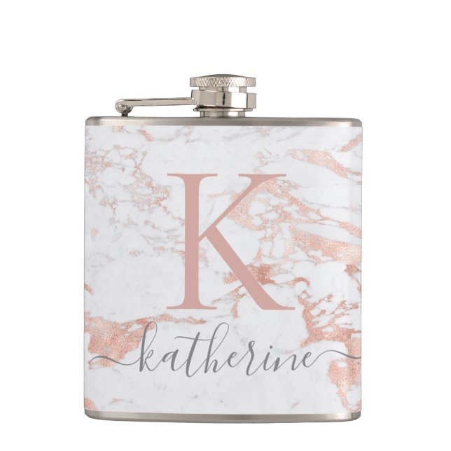 Flasques Élégant Rose  Gold Foil Monogramme en marbre (Devant)