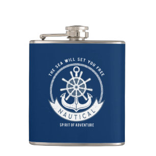 Flasques Esprit nautique Ancre,Roue, Bleu marine