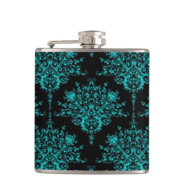 Flasques Fancy Giral Floral Damask élégant noir et Turquois (Devant)