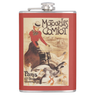 Flasques Femme de Comiot Motocycles et affiche de promo