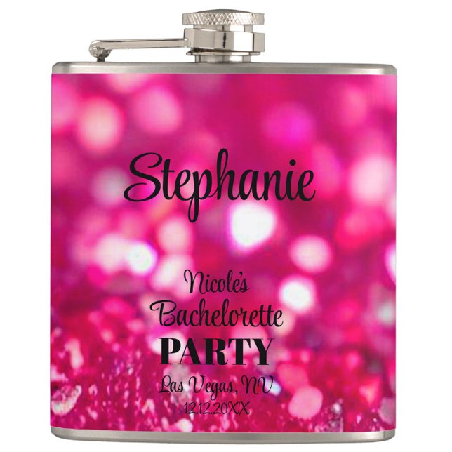Flasques Fête de Bachelorette Moderne Pailletée Rose Chaud (Personalized Hot Pink Glitter Bachelorette Flask, Bachelorette Weekend Party Favor, Bridesmaid Gifts)