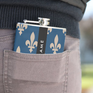 Flasques Fleur de Lis, Beige sur Bleu Nuit, Royal, Votre No