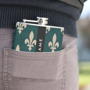 Flasques Fleur de Lis, Beige sur Vert, Royal, Votre Nom