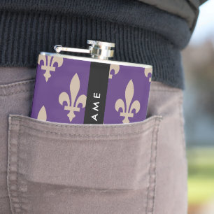Flasques Fleur de Lis, Beige sur Violet, Royal, Votre Nom
