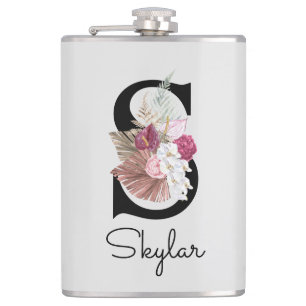 Flasques Fleur initiale rose boho avec monogramme S