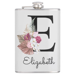 Flasques Fleur rose bohème personnalisée avec l'initiale E