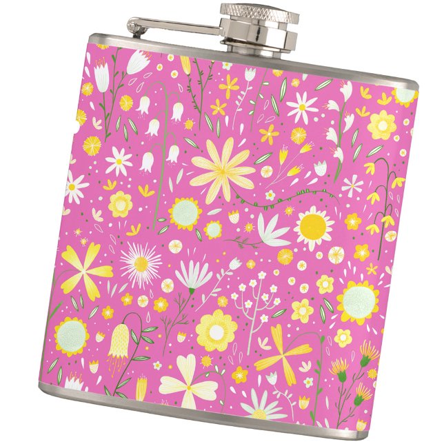 Flasques Fleur sauvage botanique rose Floral (Pink, white and yellow modern floral pattern keepsake hip flask)