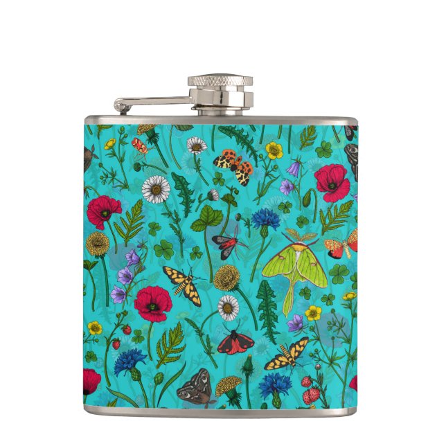 Flasques Fleurs sauvages et papillons de nuit sur turquoise (Devant)