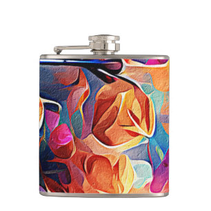 Flasques Floral Abstract Art Orange Red Blue Flowers
