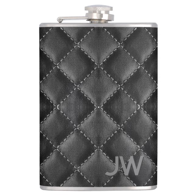 Flasques Garde de marié en cuir noir avec monogramme emboss (Devant)