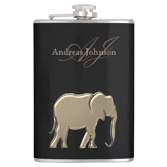 Flasques Glam Eléphant Noir et Or Élégant Monogramme (Devant)