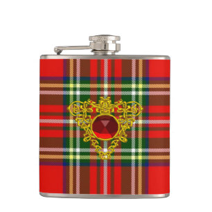 FLASQUES GOLD CELTIC COEUR AVEC ROUGE RUBY SUR LE TARTAN ÉC