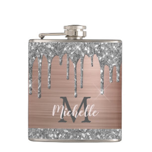Flasques Gouttes de paillettes argentées sur monogramme en 