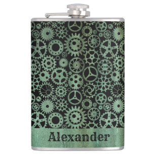 Flasques Grand Steampunk Verdigris Bronze Gears Nom personn