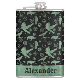 Flasques Grand Steampunk Verdigris engrenages et corbeaux s