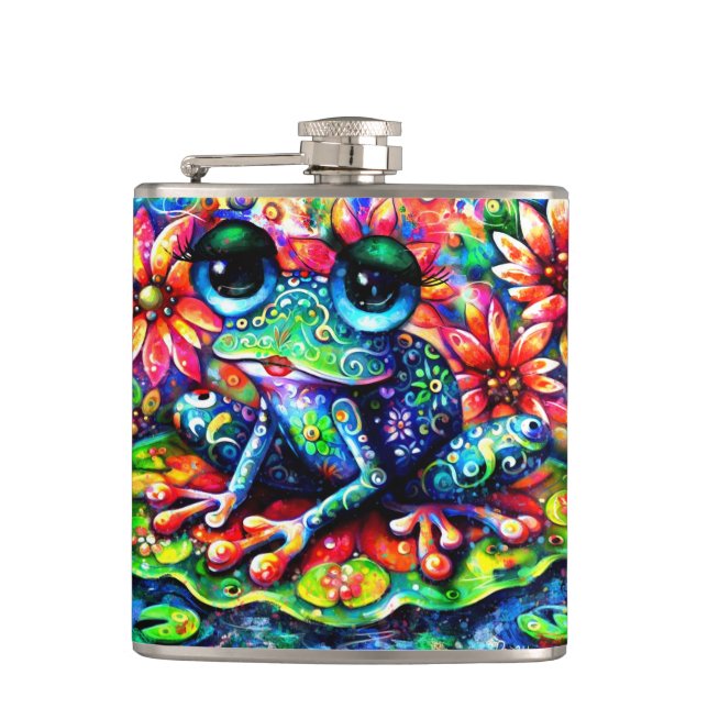 Flasques Grenouille florale impressionniste Whimsical bleu  (Devant)