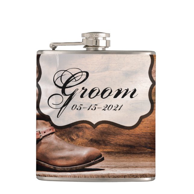 Flasques Groom Whiskey Flask Cowboy Bottes Grange Bois Russ (Devant)