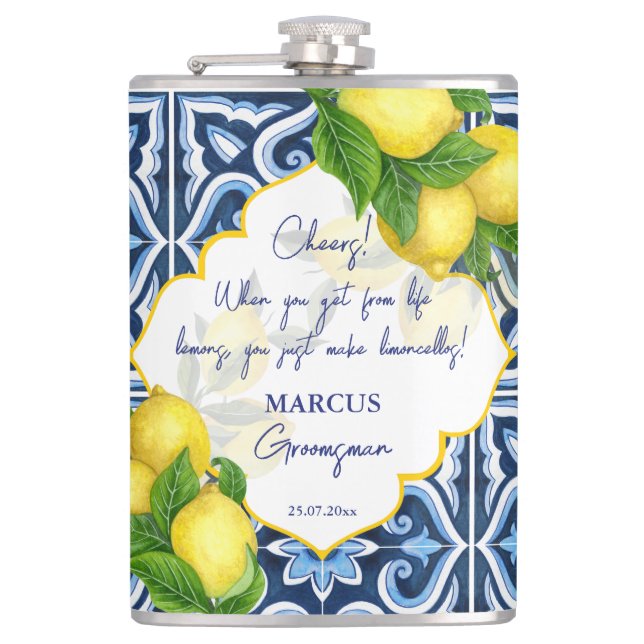 Flasques Groomsmen cadeaux faveurs tuiles bleues citron Ama (Devant)