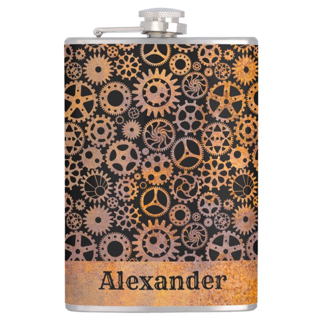 Flasques Gros engrenages Rusty Steampunk Nom personnalisé (Devant)