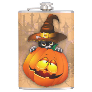 Flasques Halloween Cute Kitty Witch et ami Citrouille