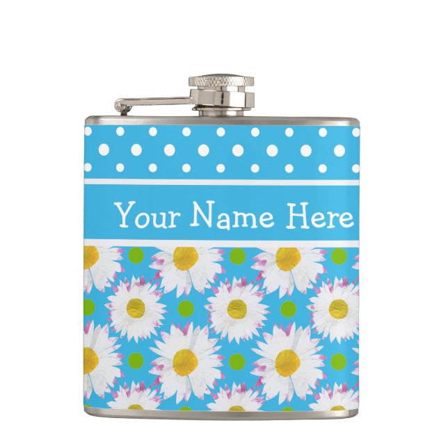 Flasques Hip Flask to Personalize : Polkas, Daisis sur Blue (Devant)