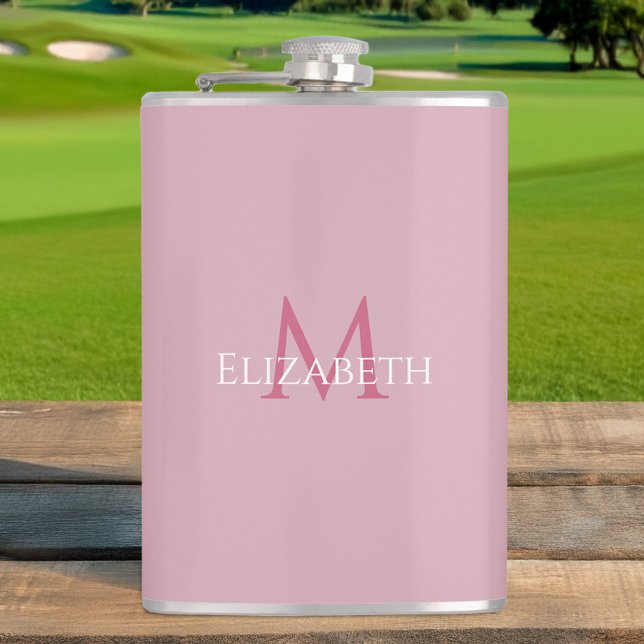 Flasques Initiale de nom personnalisé rose brodée (Monogrammed Name Initial Pink Custom Flask)