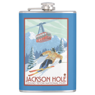 Flasques Jackson Hole, skieur du Wyoming et tram