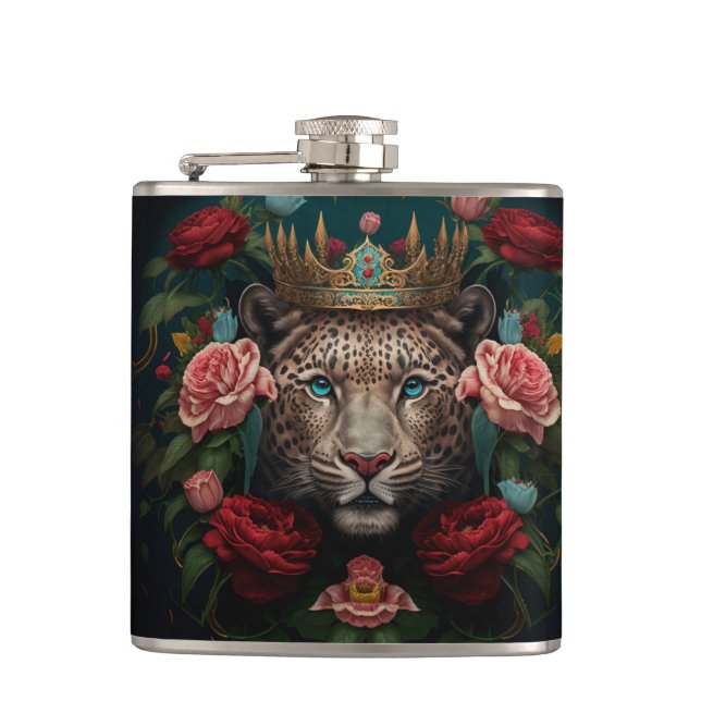Flasques Jaguar with Crown in Flowers Painting              (Devant)