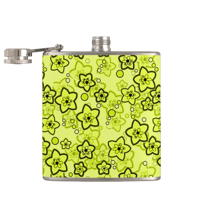 Flasques Jaune avec motif floral néon brillant noir (Ouvert)