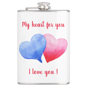 Flasques Je vous aime aquarelle rouge et bleu coeur