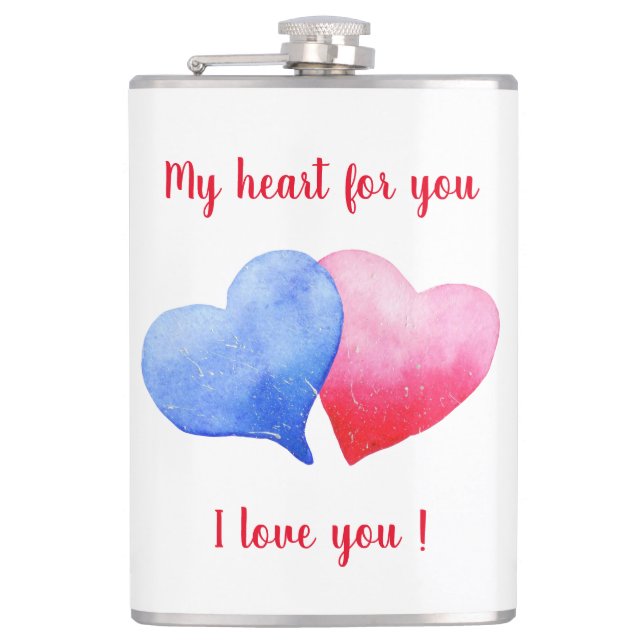 Flasques Je vous aime aquarelle rouge et bleu coeur (Devant)