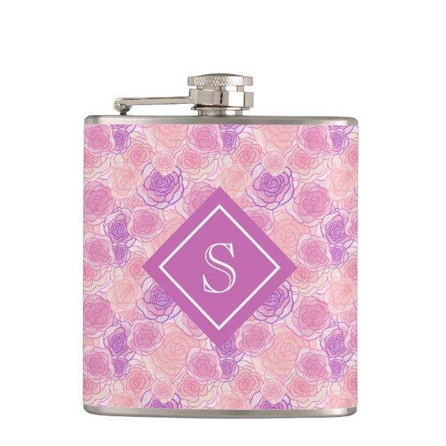 Flasques Joli Retro violet Rose Floral Monogramme (Devant)