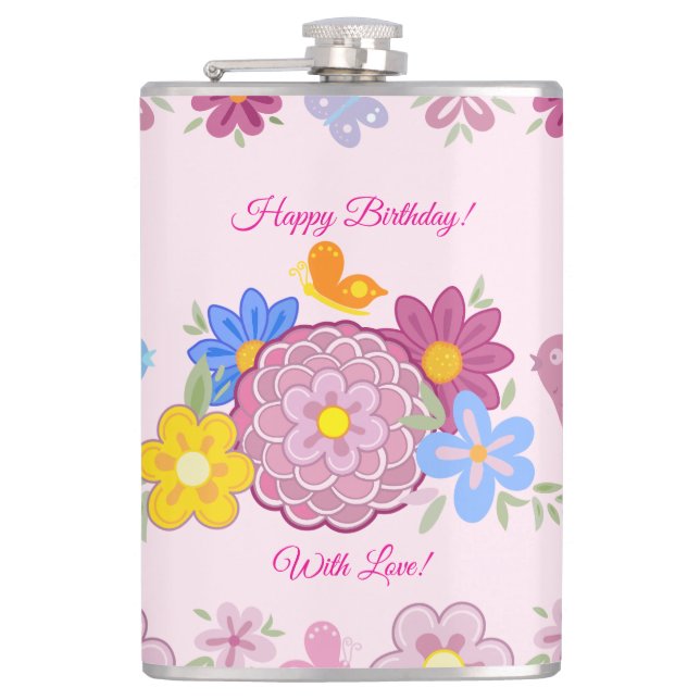 Flasques Joyeux anniversaire Fleurs sauvages Jardin Oiseaux (Devant)