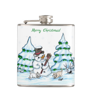 Flasques Joyeux Noël ! Snowman avec chat et chiot