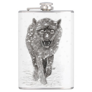 Flasques Loup noir en colère dans la neige, hiver sauvage