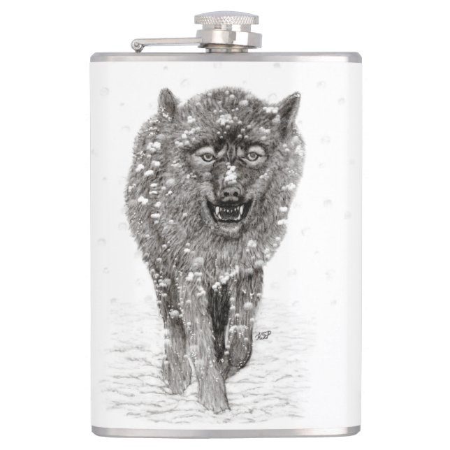 Flasques Loup noir en colère dans la neige, hiver sauvage (Devant)