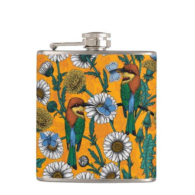 Flasques Mangeurs d'abeilles, papillons bleus et marguerite (Devant)