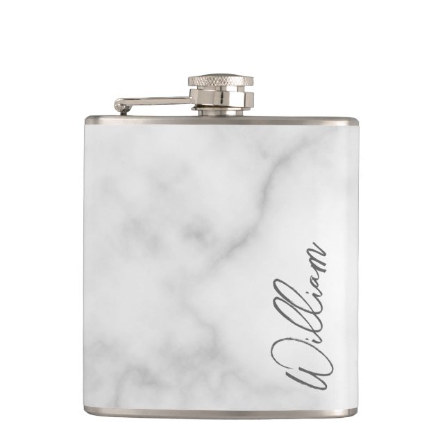 Flasques Marbre blanc Modern Script Nom personnalisé (Devant)