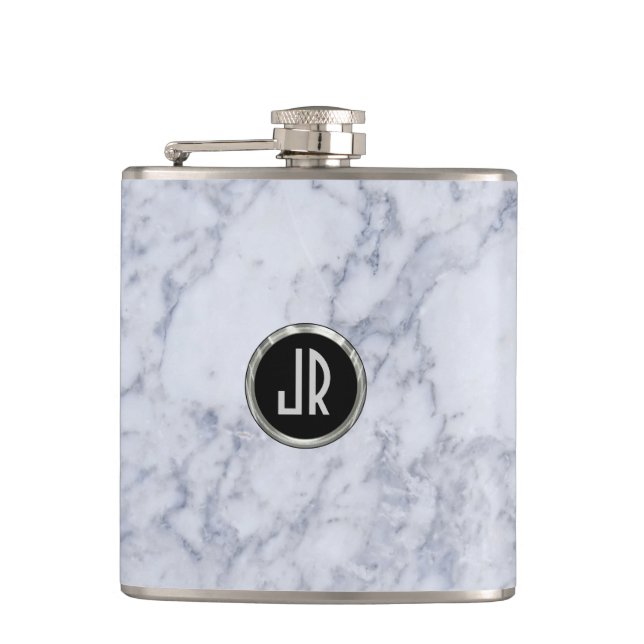 Flasques Marbre blanc monogramme Pierre Motif et argent (Devant)