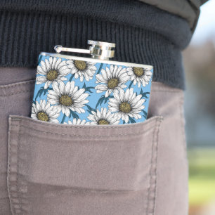 Flasques Marguerites, fleurs sauvages sur fond bleu