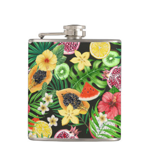 Flasques Mix-fruits tropicaux, fleurs et feuilles en noir