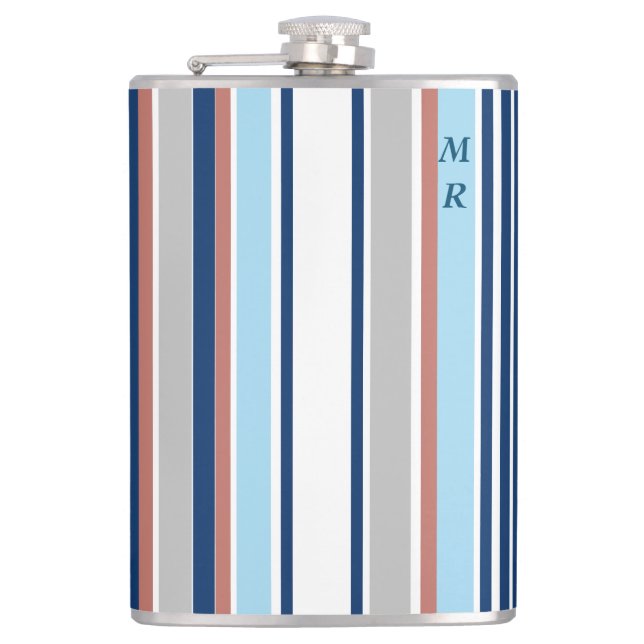Flasques Moderne Bleu Blanc Gris Rouge Gris Monogramme (Devant)