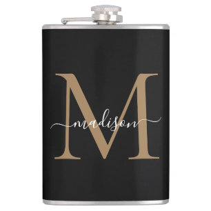 Flasques Moderne Monogramme Féminin Élégant Noir Or