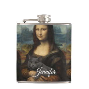 Flasques Mona Lisa tenant un chat gris élégant