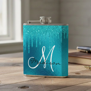 Flasques Monogram Bleu Turquoise Pailleté Drips Féminin