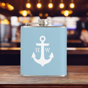 Flasques Monogramme Ancre bleu clair et blanc