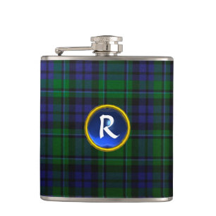 FLASQUES MONOGRAMME BLUE GREEN ÉCOSSE TARTAN SAPPHIRE GEM