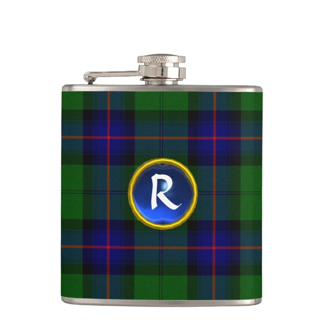 FLASQUES MONOGRAMME BLUE GREEN ÉCOSSE TARTAN SAPPHIRE GEM (Devant)