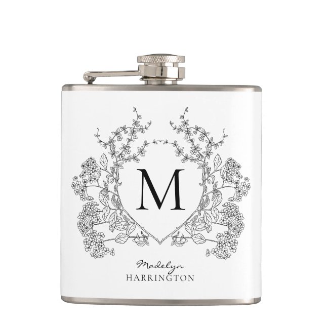 Flasques Monogramme de crête florale noir et blanc classiqu (Devant)